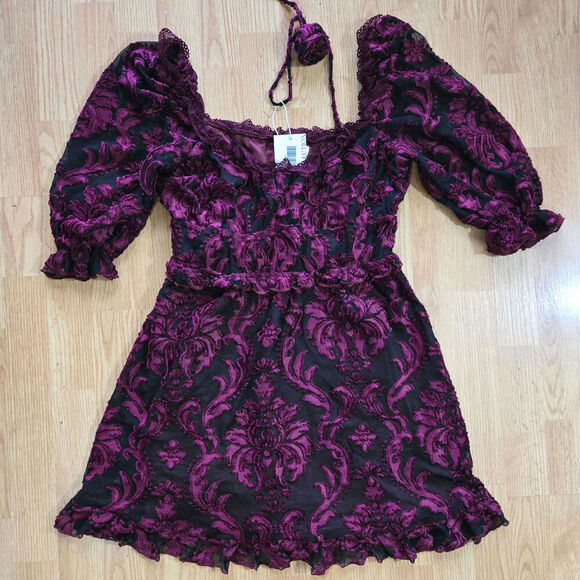 Lait Collection Women Floral Burn-Out Velvet Mini Dress M Puff Sleeve Whimsigoth - Picture 10 of 12